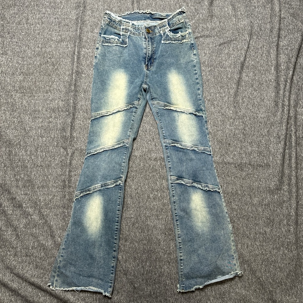 SHEIN Blue Flare Wide Leg Jeans with Distressed Details